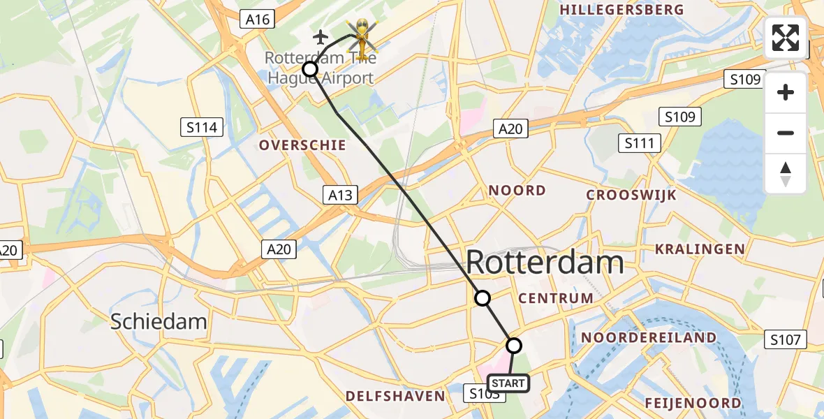Vluchtroute Traumahelikopter van Erasmus MC naar Rotterdam The Hague Airport