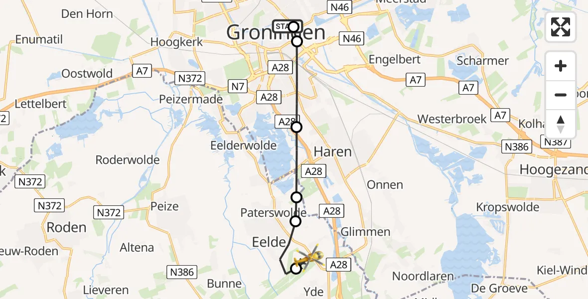 Vluchtroute Traumahelikopter van Universitair Medisch Centrum Groningen naar Groningen Airport Eelde