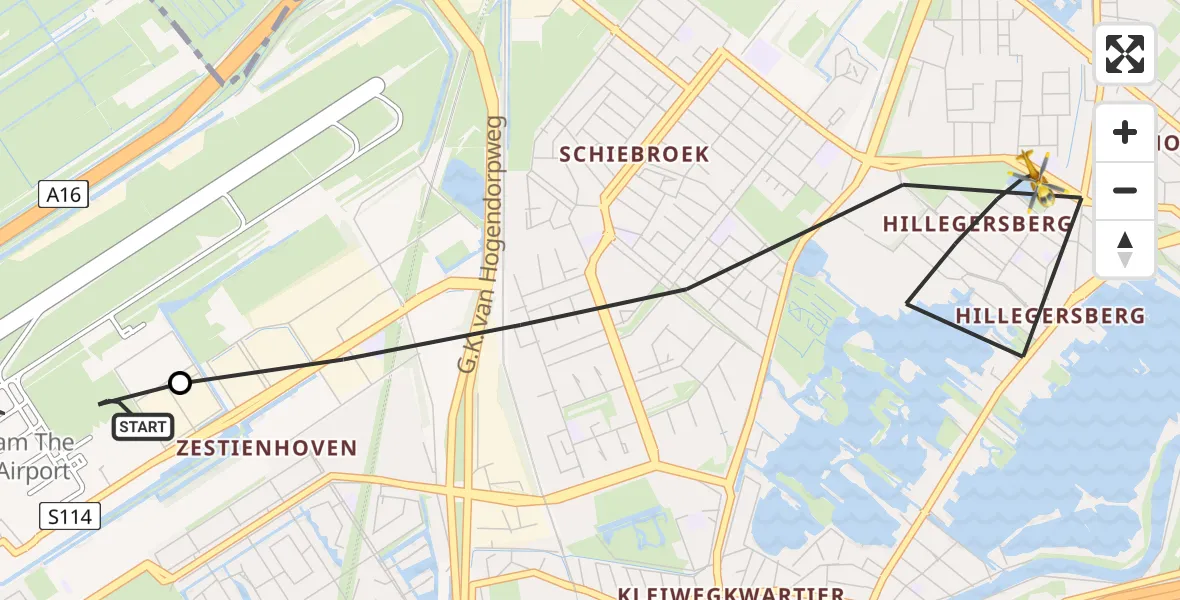 Vluchtroute Traumahelikopter van Rotterdam The Hague Airport naar Rotterdam