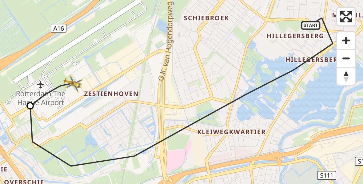 Vluchtroute Traumahelikopter van Rotterdam naar Rotterdam The Hague Airport