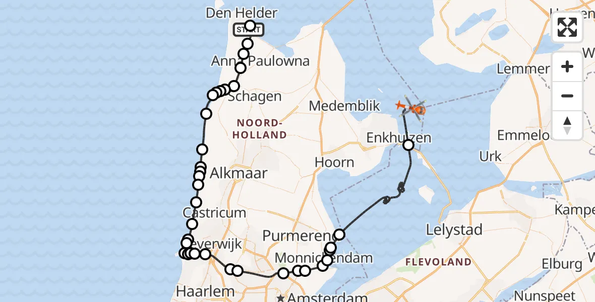 Vluchtroute Kustwachthelikopter van Militair vliegveld De Kooy / Den Helder Airport naar IJsselmeer