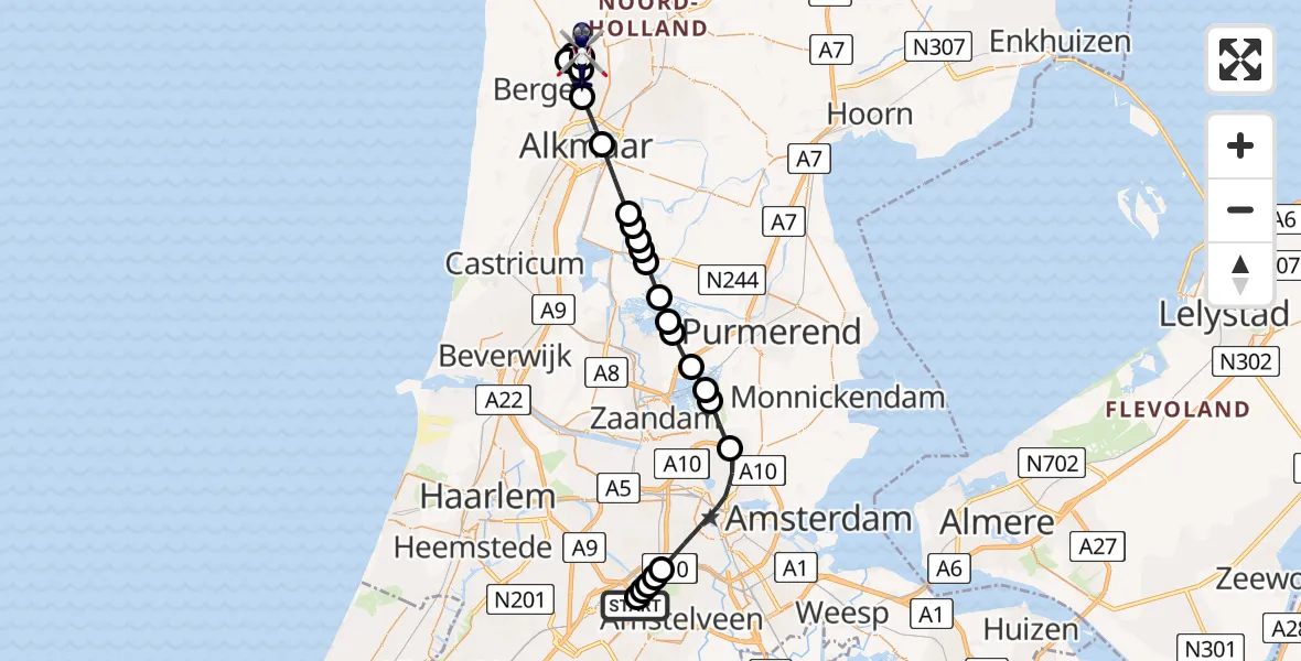 Vluchtroute Politiehelikopter van Amsterdam Vliegveld Schiphol naar Oudkarspel