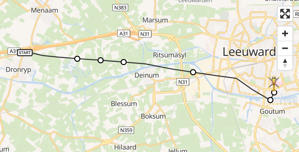 Vluchtroute Traumahelikopter van Dronryp naar Leeuwarden Medical Center Heliport