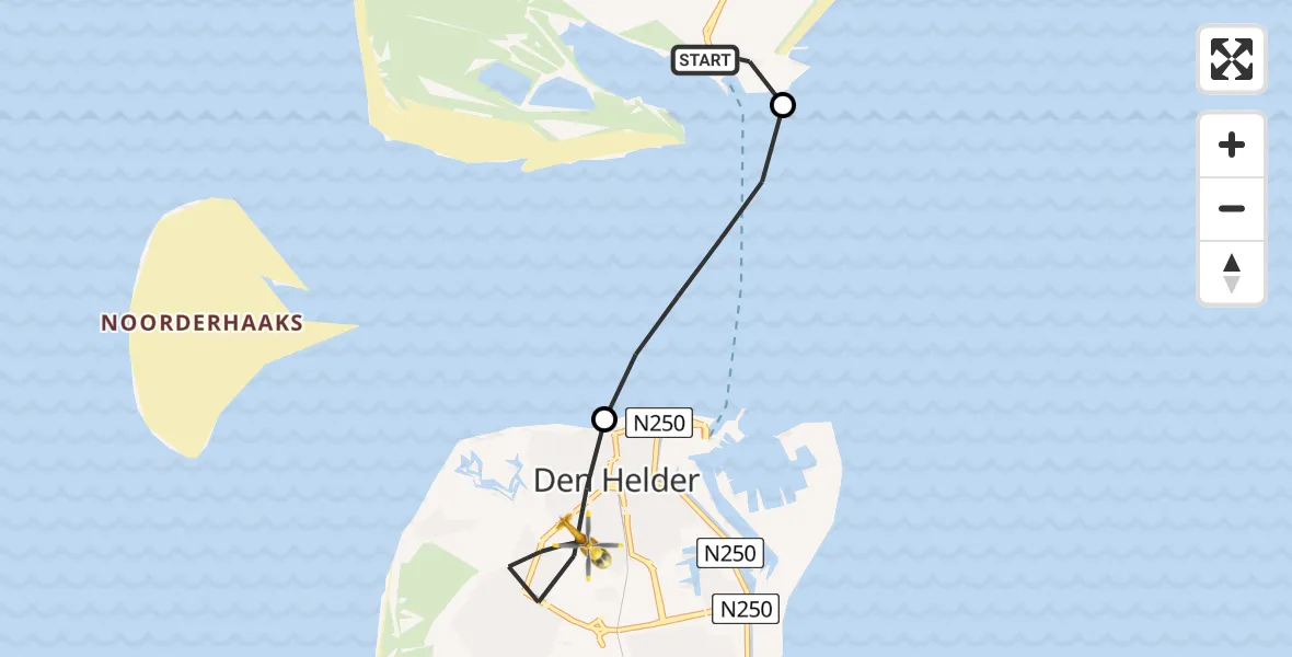 Vluchtroute Ambulancehelikopter van Den Hoorn naar Den Helder