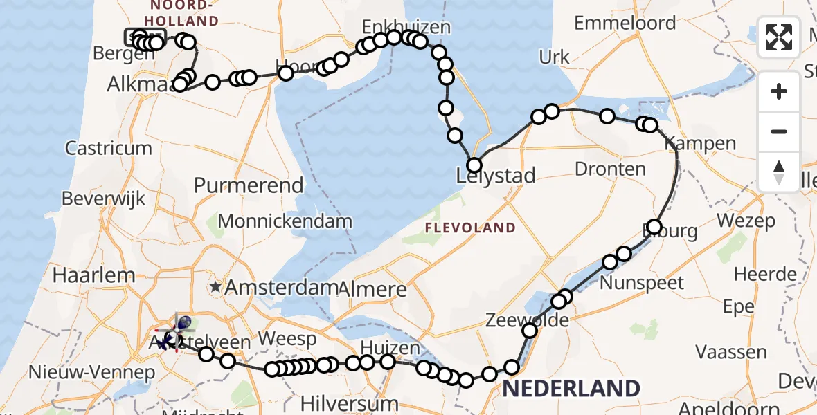 Vluchtroute Politiehelikopter van Oudkarspel naar Amsterdam Vliegveld Schiphol