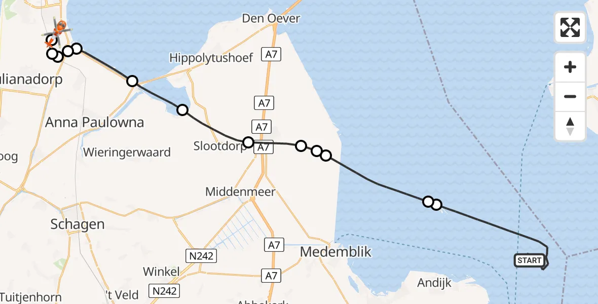 Vluchtroute Kustwachthelikopter van IJsselmeer naar Militair vliegveld De Kooy / Den Helder Airport