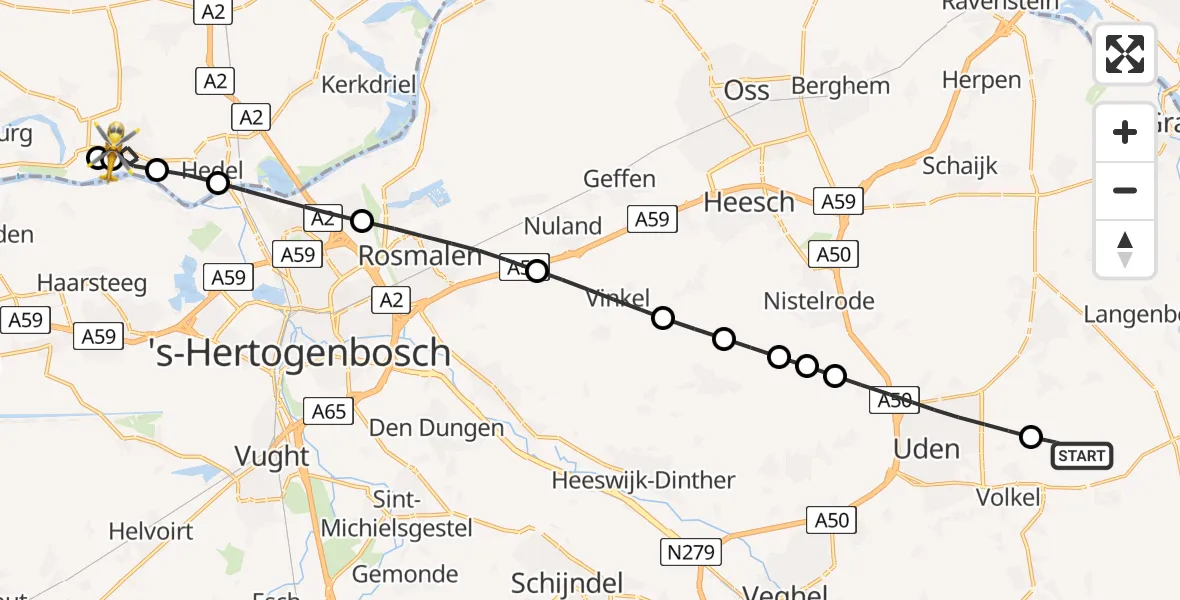 Vluchtroute Traumahelikopter van Vliegbasis Volkel naar Ammerzoden