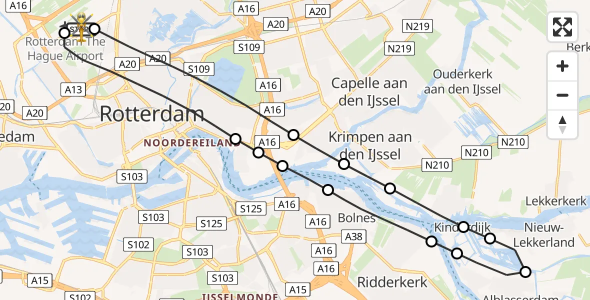 Vluchtroute Traumahelikopter van Rotterdam The Hague Airport naar Rotterdam The Hague Airport