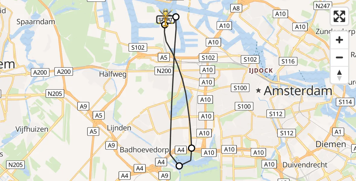 Vluchtroute Traumahelikopter van Amsterdam Heliport naar Amsterdam Heliport