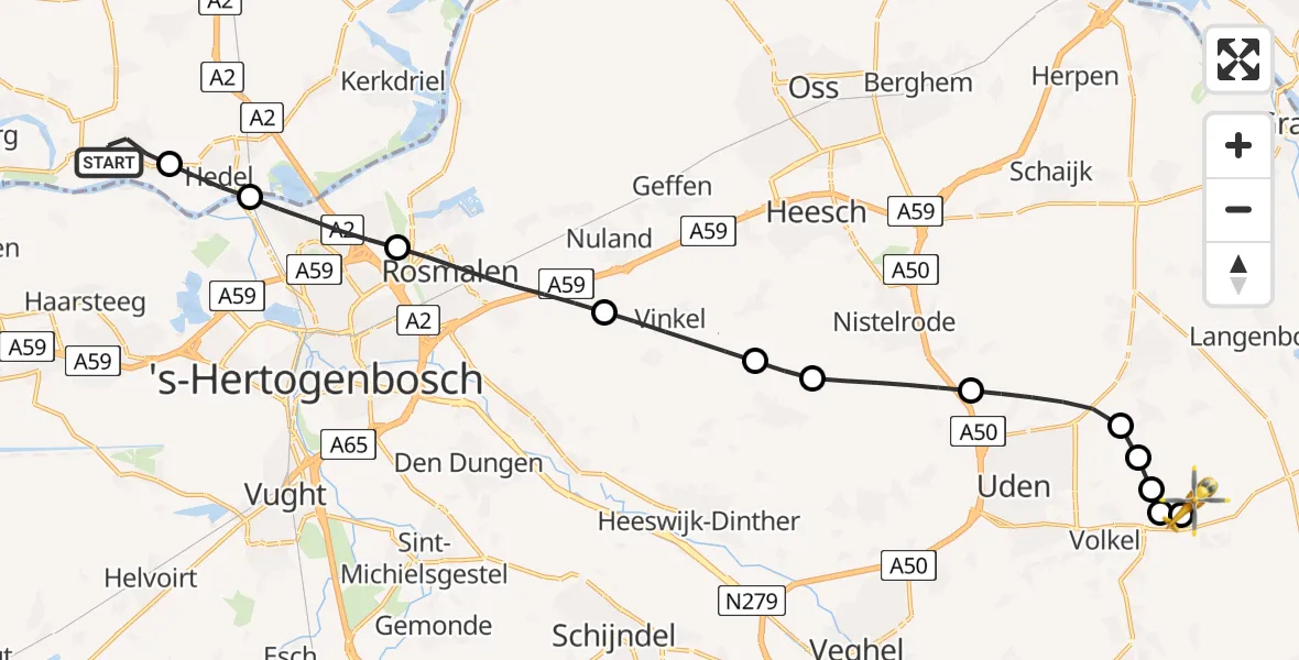 Vluchtroute Traumahelikopter van Ammerzoden naar Vliegbasis Volkel