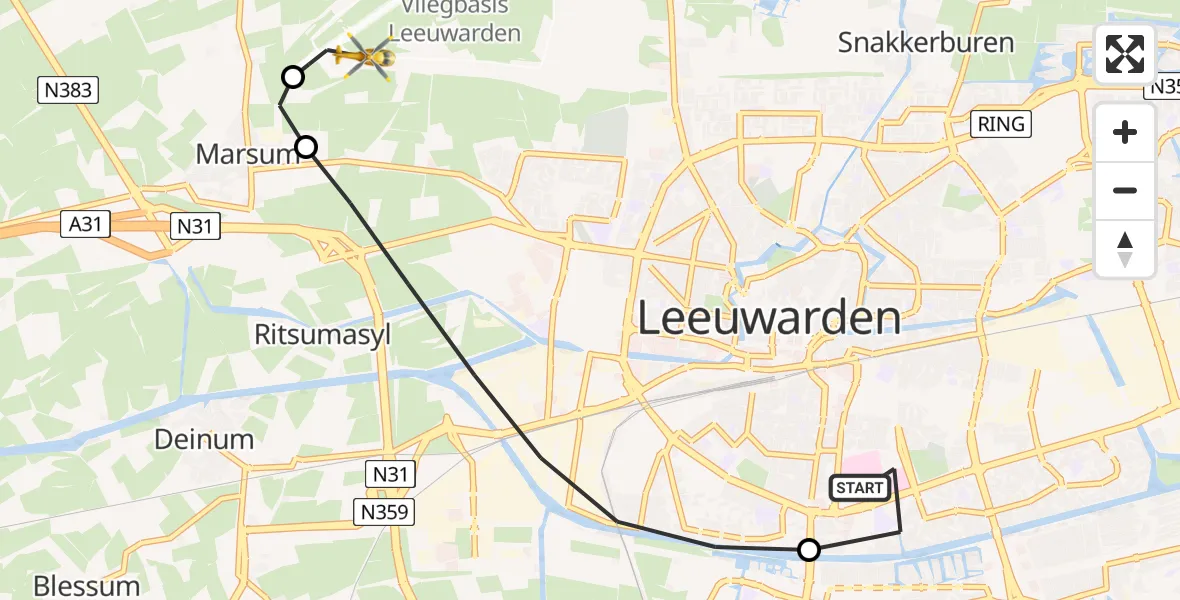 Vluchtroute Ambulancehelikopter van Leeuwarden Medical Center Heliport naar Leeuwarden