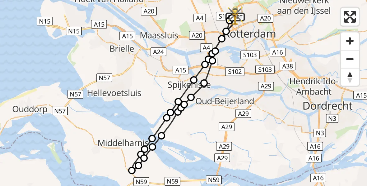 Vluchtroute Traumahelikopter van Rotterdam The Hague Airport naar Rotterdam The Hague Airport