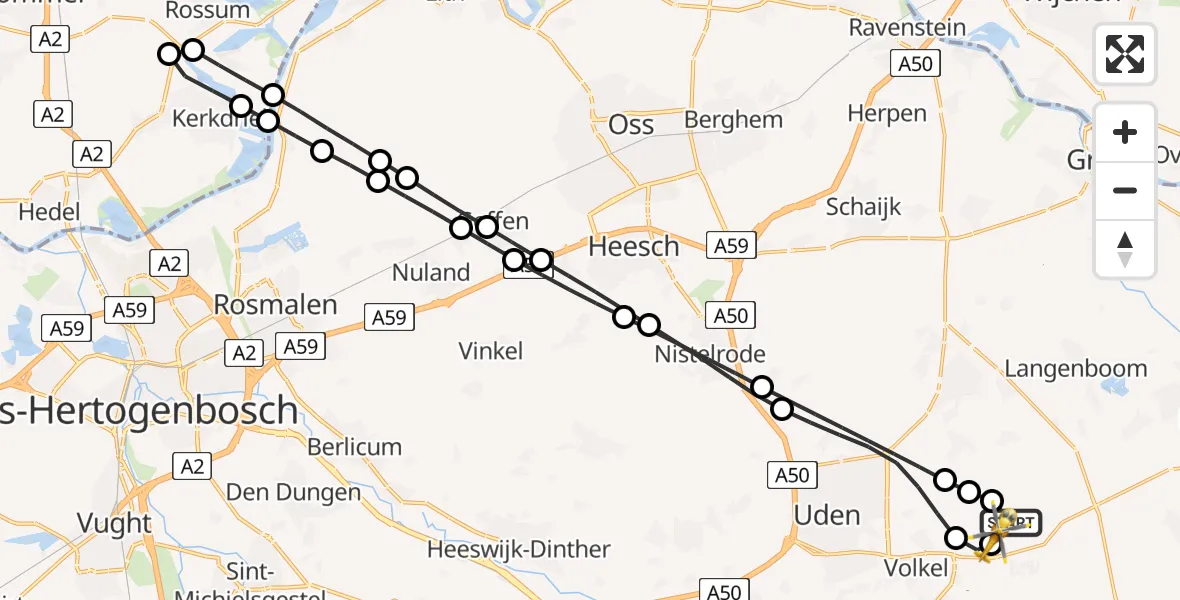Vluchtroute Traumahelikopter van Vliegbasis Volkel naar Vliegbasis Volkel