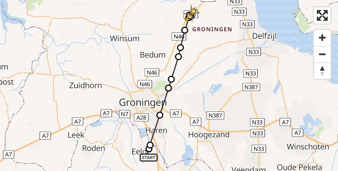 Vluchtroute Traumahelikopter van Groningen Airport Eelde naar Startenhuizen