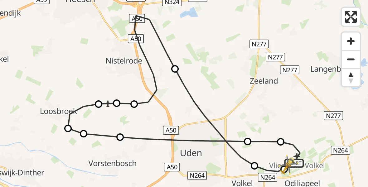 Vluchtroute Traumahelikopter van Vliegbasis Volkel naar Vliegbasis Volkel