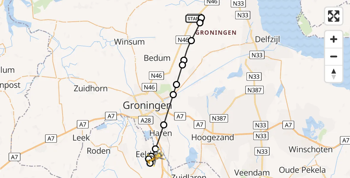 Vluchtroute Traumahelikopter van Startenhuizen naar Groningen Airport Eelde