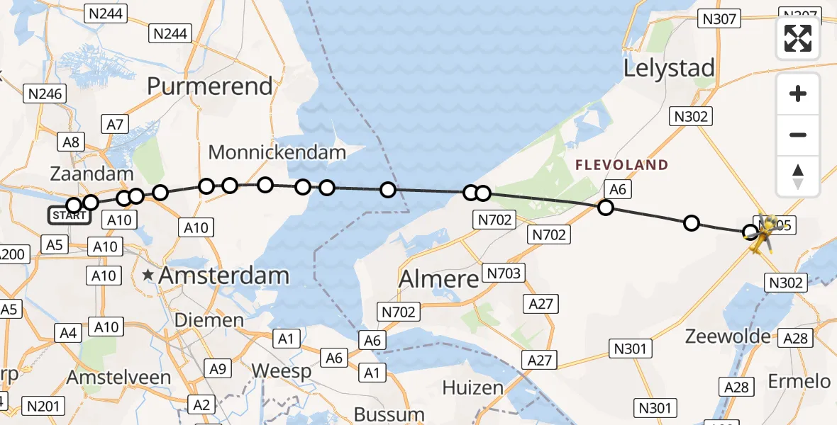 Vluchtroute Traumahelikopter van Amsterdam Heliport naar Zeewolde