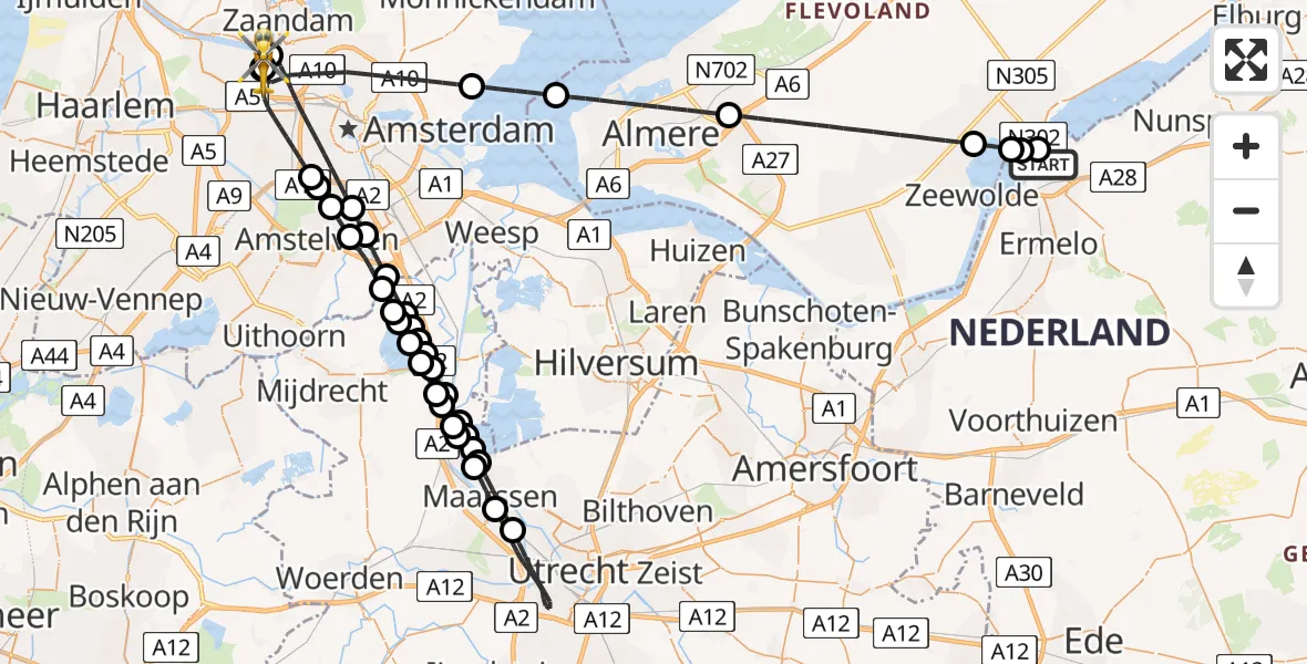 Vluchtroute Traumahelikopter van Harderwijk naar Amsterdam Heliport