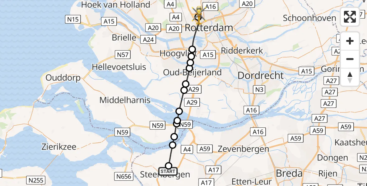 Vluchtroute Traumahelikopter van Steenbergen naar Rotterdam The Hague Airport