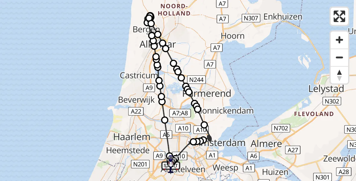 Vluchtroute Politiehelikopter van Amsterdam Vliegveld Schiphol naar Amsterdam Vliegveld Schiphol