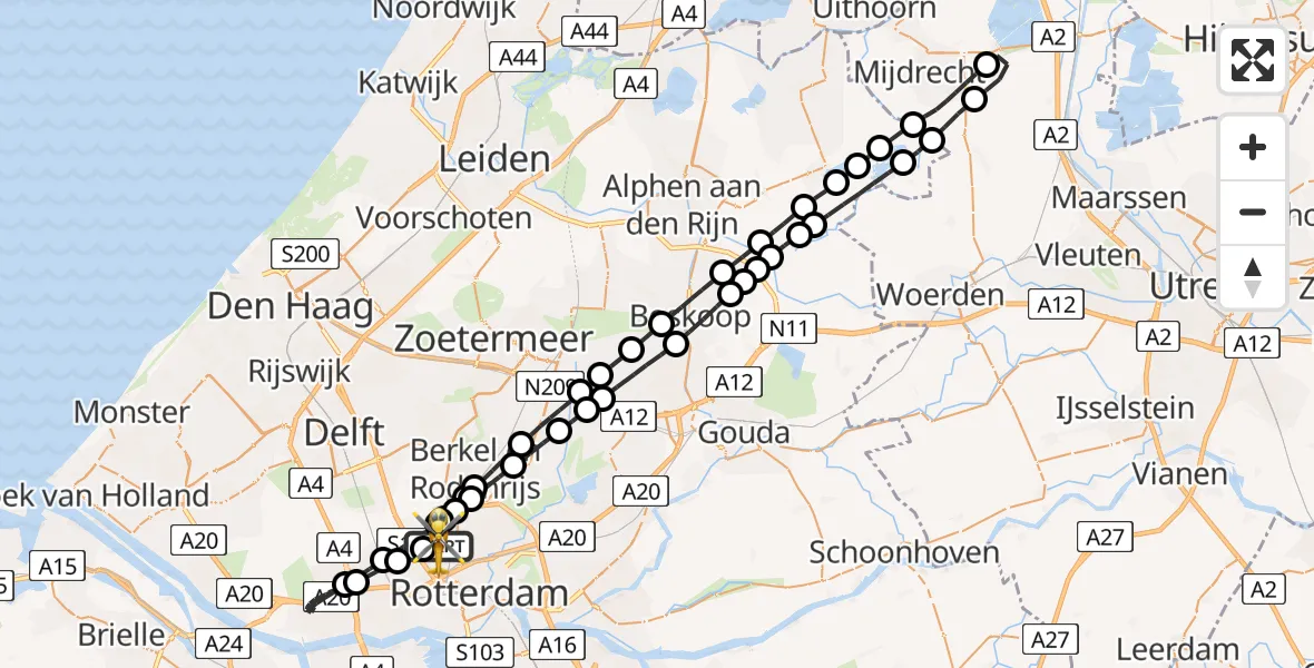 Vluchtroute Traumahelikopter van Rotterdam The Hague Airport naar Rotterdam The Hague Airport