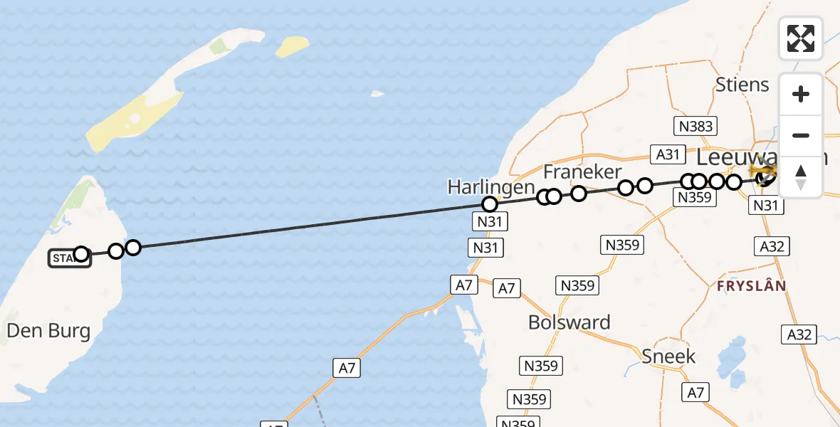 Vluchtroute Ambulancehelikopter van Texel International Airport naar Leeuwarden Medical Center Heliport