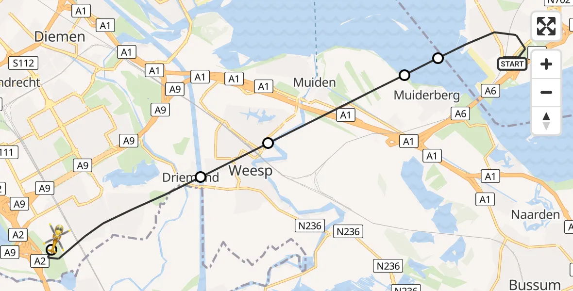 Vluchtroute Traumahelikopter van Almere naar Amsterdam UMC Helipad