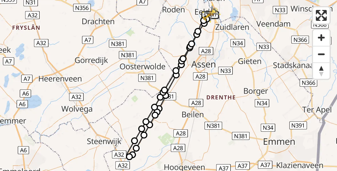 Vluchtroute Traumahelikopter van Groningen Airport Eelde naar Groningen Airport Eelde