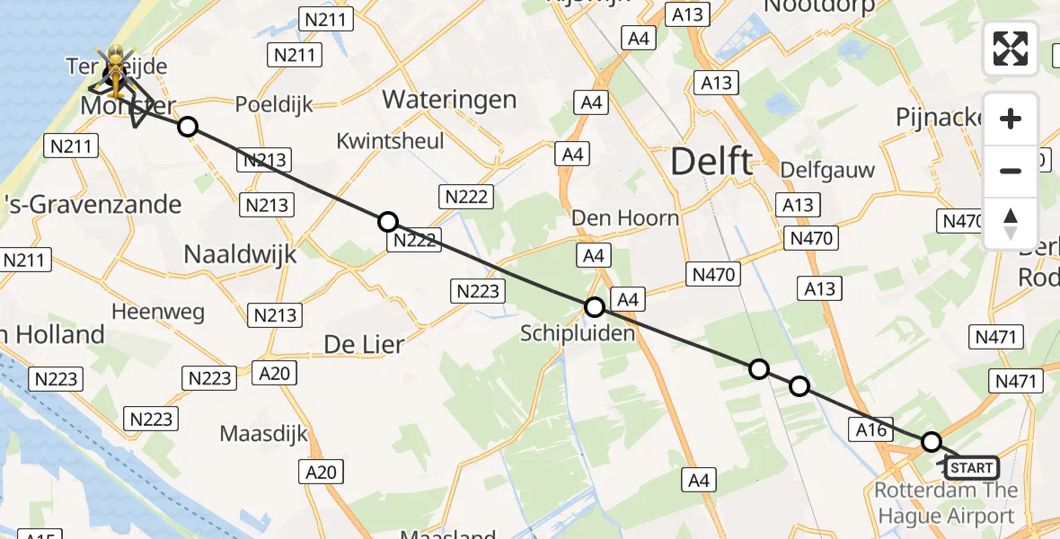 Vluchtroute Traumahelikopter van Rotterdam The Hague Airport naar Ter Heijde