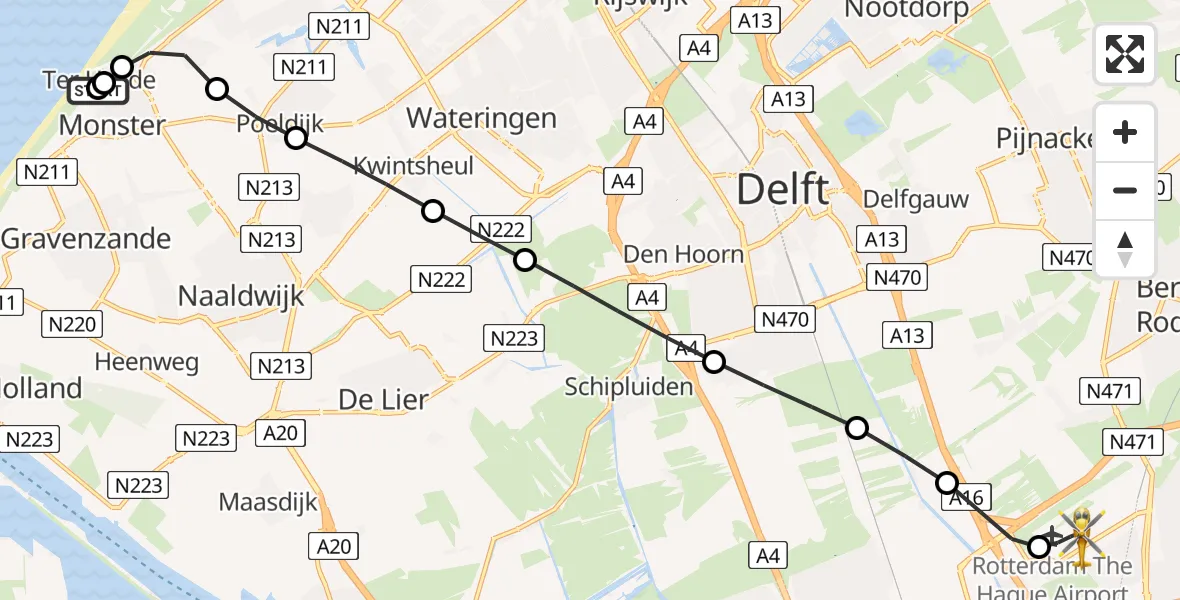 Vluchtroute Traumahelikopter van Ter Heijde naar Rotterdam The Hague Airport