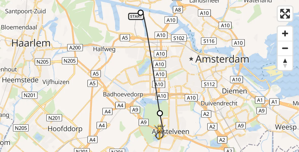 Vluchtroute Traumahelikopter van Amsterdam Heliport naar Amstelveen