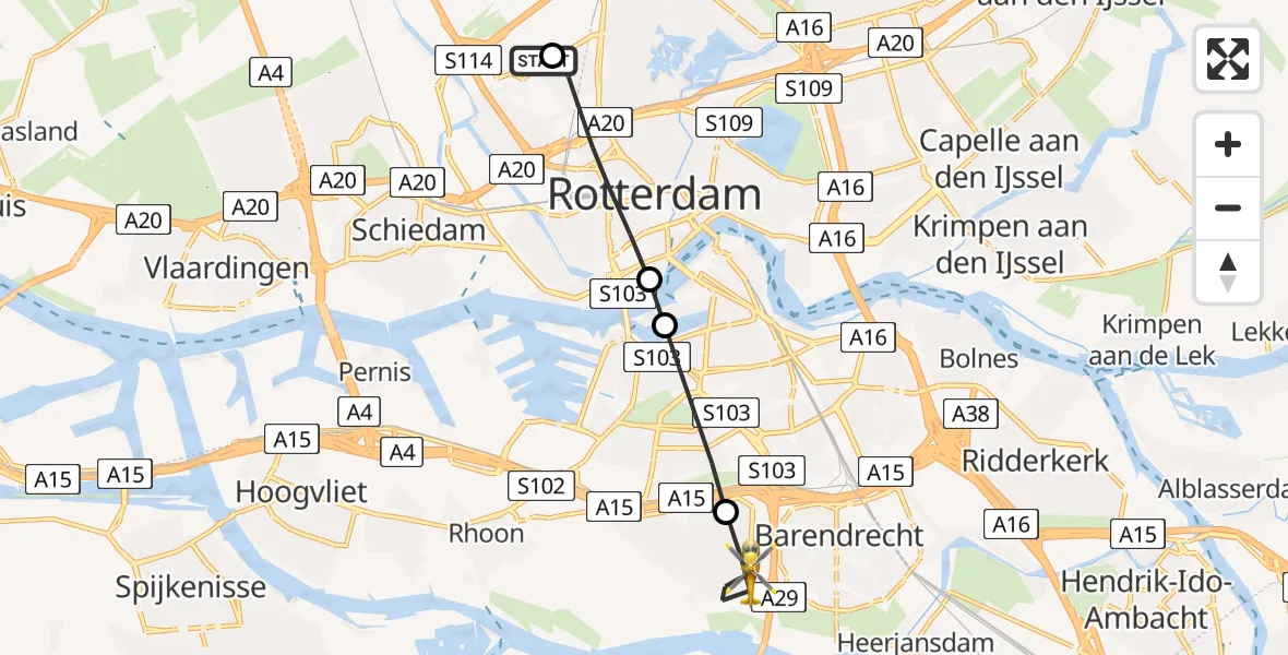 Vluchtroute Traumahelikopter van Rotterdam The Hague Airport naar Barendrecht