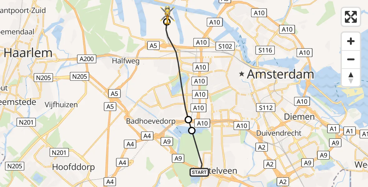 Vluchtroute Traumahelikopter van Amstelveen naar Amsterdam Heliport
