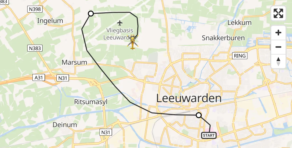 Vluchtroute Ambulancehelikopter van Leeuwarden Medical Center Heliport naar Vliegbasis Leeuwarden