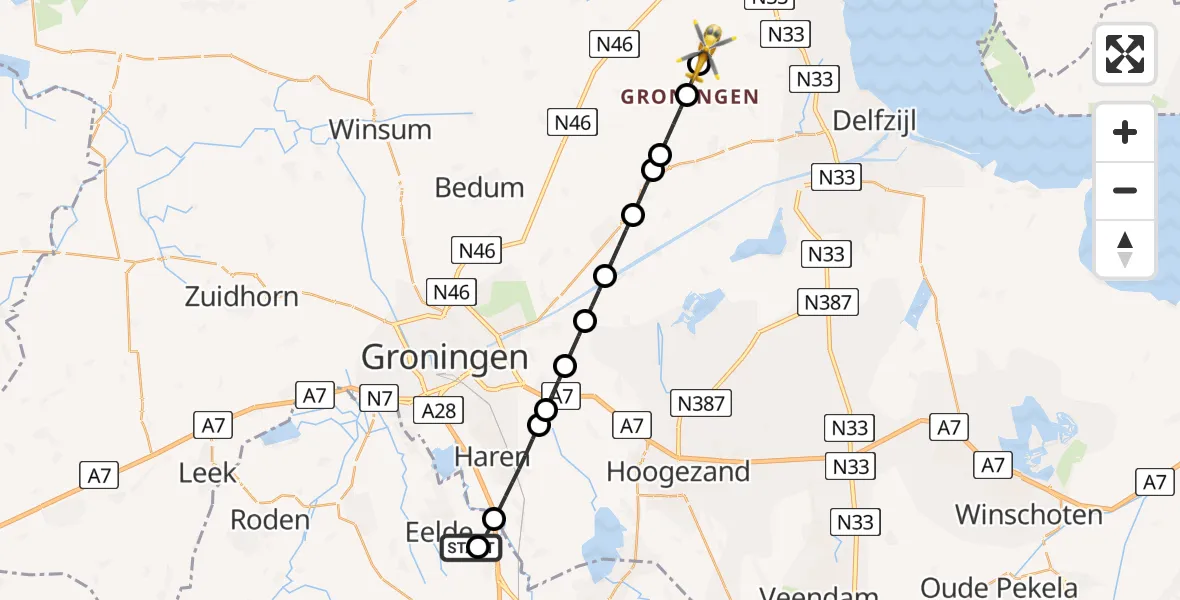 Vluchtroute Traumahelikopter van Groningen Airport Eelde naar 't Zandt