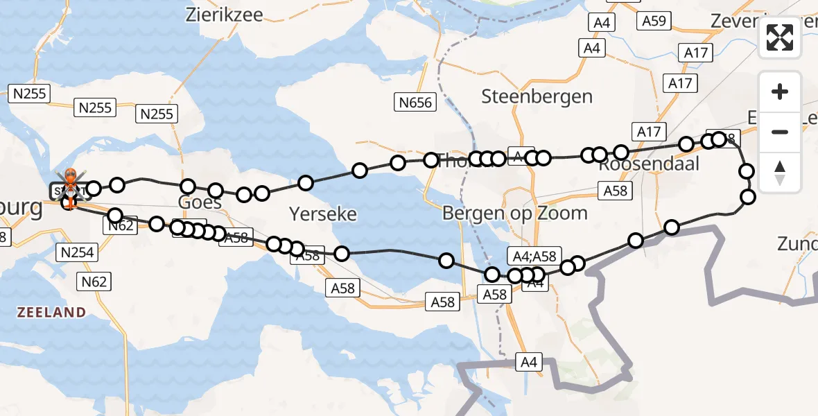Vluchtroute Kustwachthelikopter van Vliegveld Midden-Zeeland naar Vliegveld Midden-Zeeland