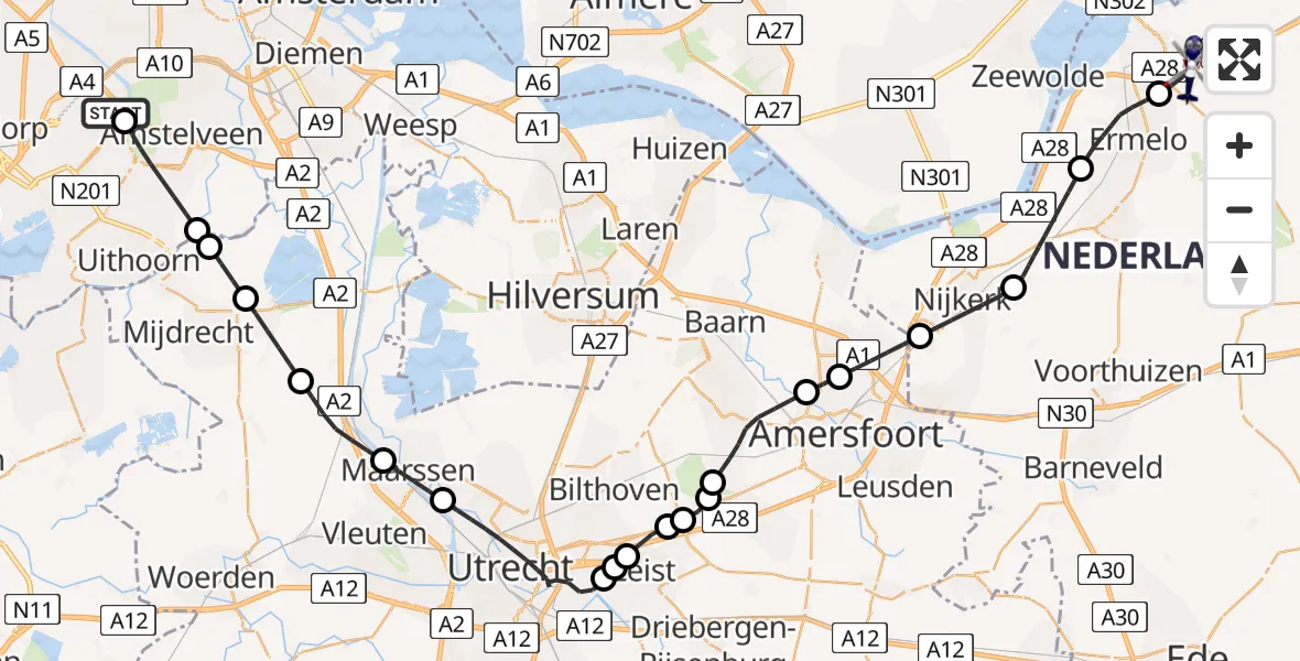 Vluchtroute Politiehelikopter van Amsterdam Vliegveld Schiphol naar Harderwijk