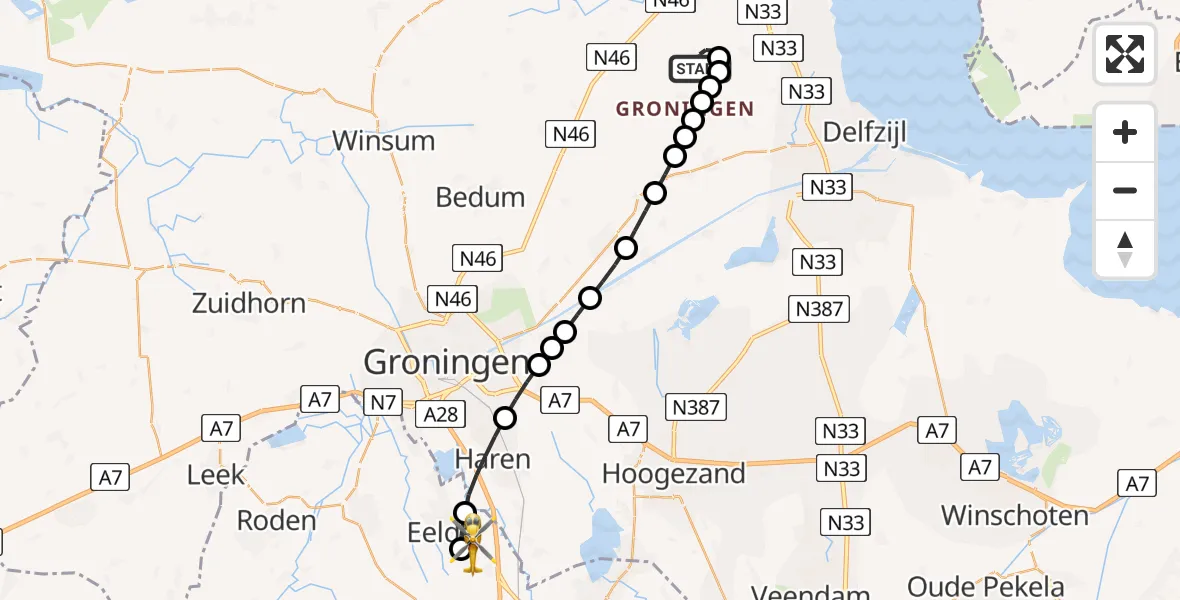 Vluchtroute Traumahelikopter van 't Zandt naar Groningen Airport Eelde