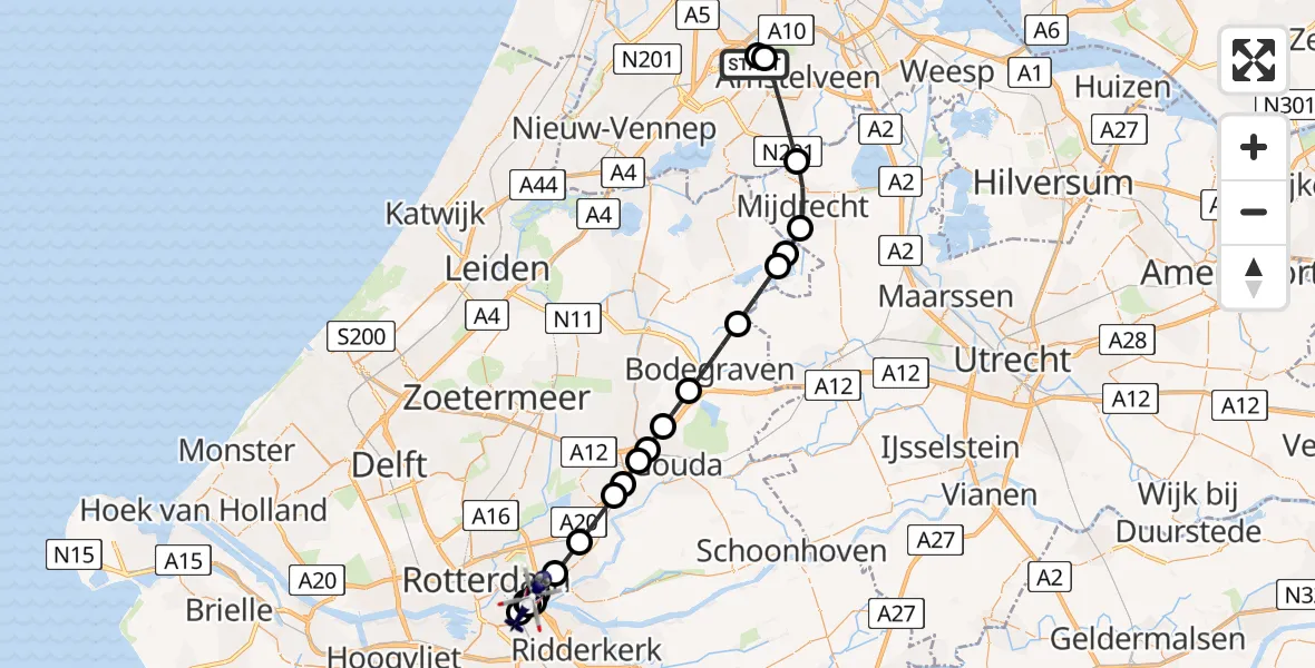 Vluchtroute Politiehelikopter van Amsterdam Vliegveld Schiphol naar Van Ghent Barracks Heliport