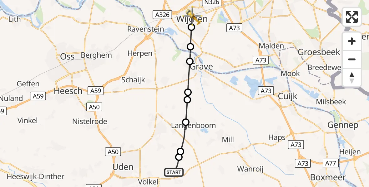Vluchtroute Traumahelikopter van Vliegbasis Volkel naar Wijchen