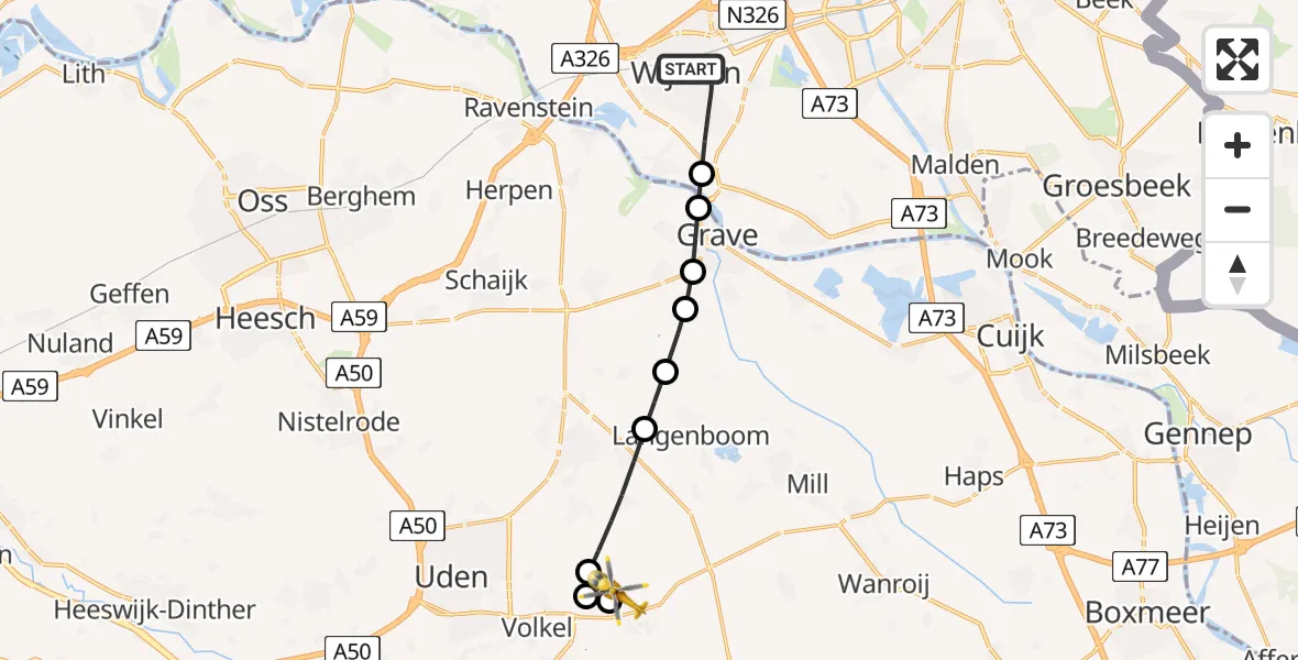 Vluchtroute Traumahelikopter van Wijchen naar Vliegbasis Volkel