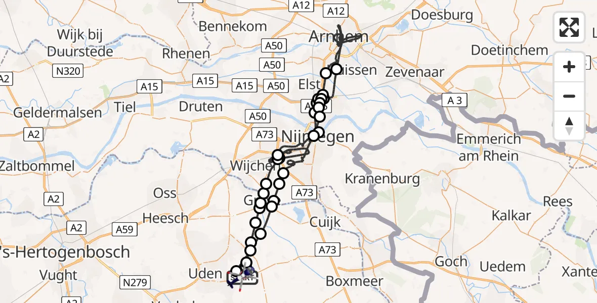 Vluchtroute Politiehelikopter van Vliegbasis Volkel naar Vliegbasis Volkel