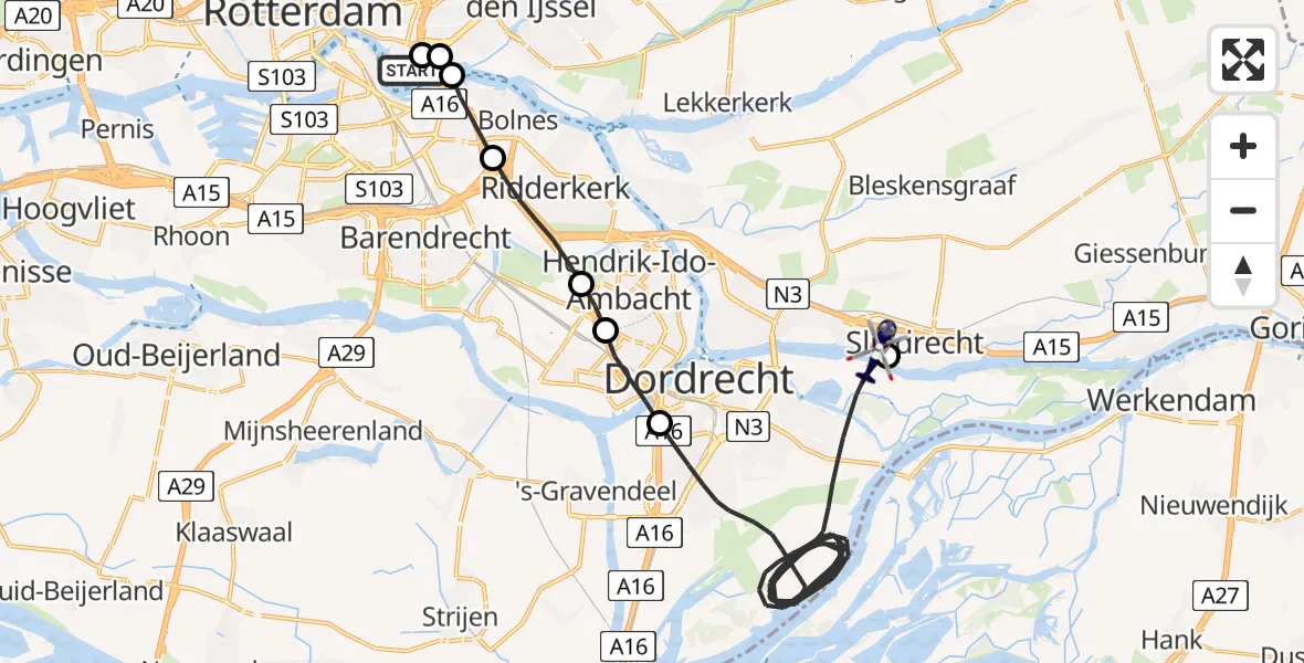 Vluchtroute Politiehelikopter van Van Ghent Barracks Heliport naar Sliedrecht