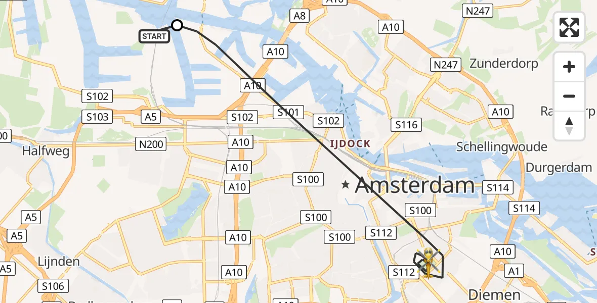 Vluchtroute Traumahelikopter van Amsterdam Heliport naar Amsterdam