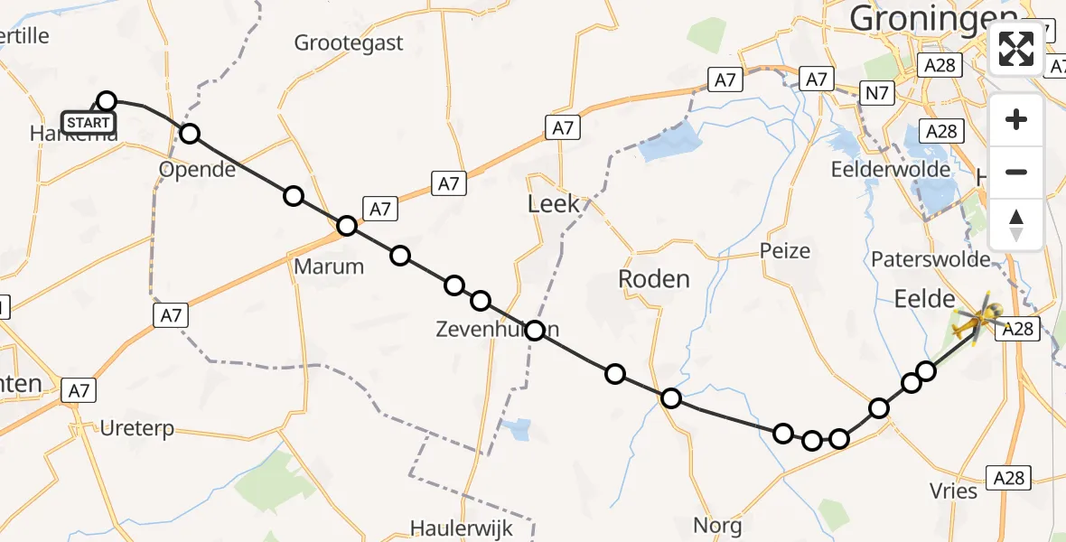 Vluchtroute Traumahelikopter van Harkema naar Groningen Airport Eelde