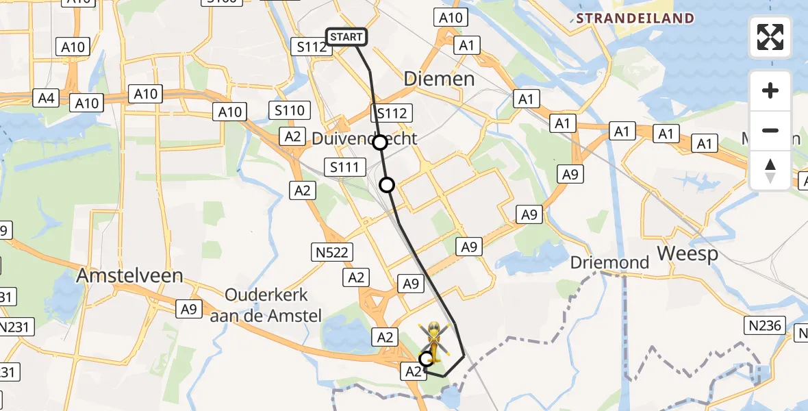 Vluchtroute Traumahelikopter van Amsterdam naar Amsterdam UMC Helipad