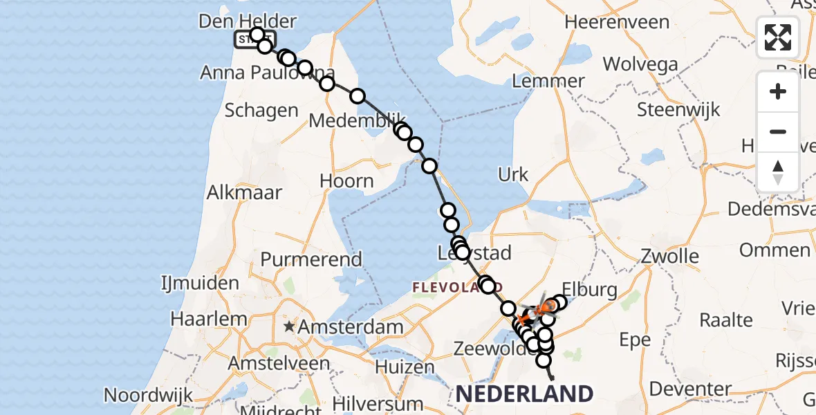 Vluchtroute Kustwachthelikopter van Militair vliegveld De Kooy / Den Helder Airport naar Veluwemeer