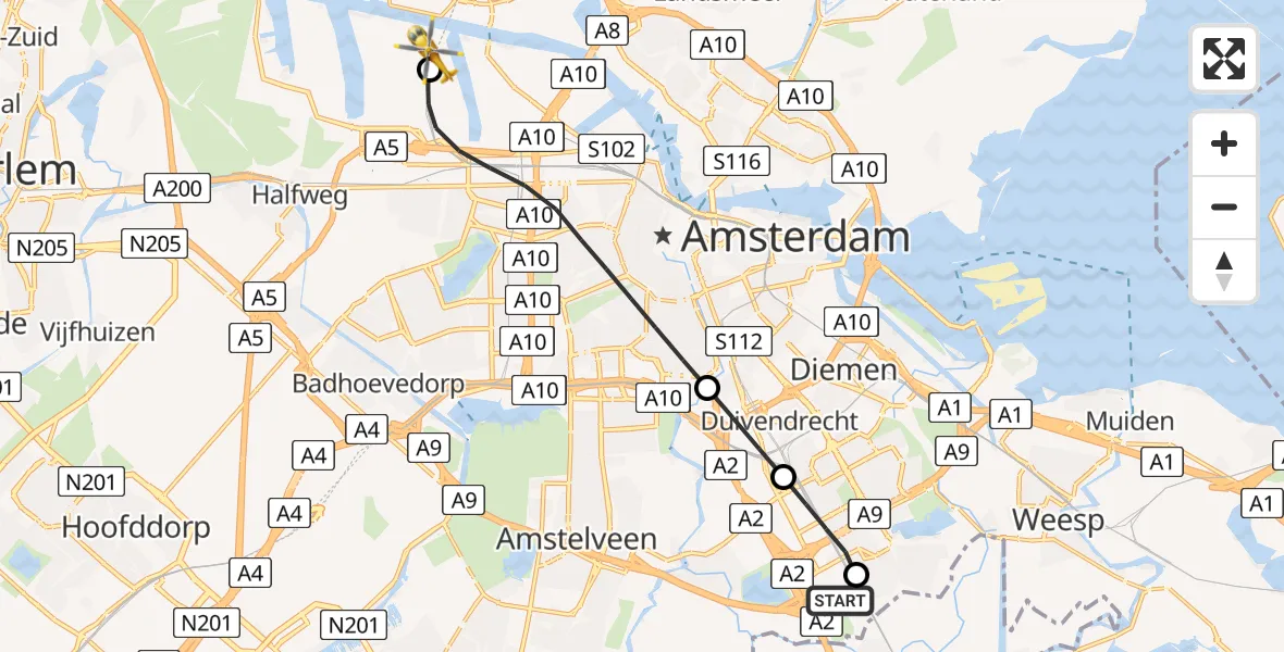 Vluchtroute Traumahelikopter van Amsterdam UMC Helipad naar Amsterdam Heliport