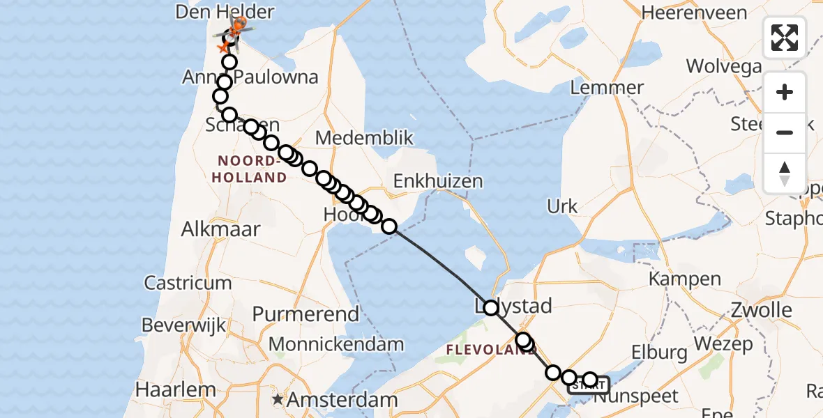 Routekaart van de vlucht: Kustwachthelikopter naar Militair vliegveld De Kooy / Den Helder Airport