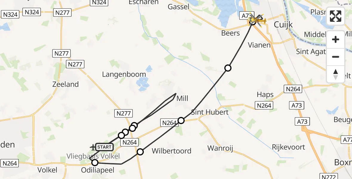 Vluchtroute Traumahelikopter van Vliegbasis Volkel naar Cuijk